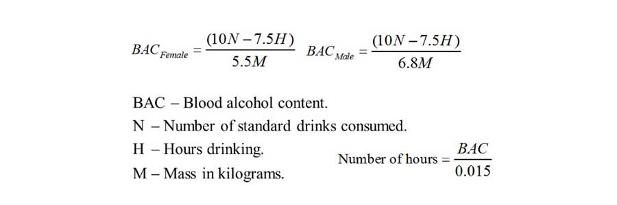 Blood alcohol content levels formula